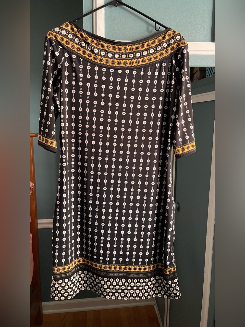 Max Studio Black Midi Dress with White Floral Stripe and Yellow Trim